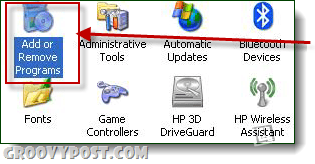 programmide lisamine või eemaldamine Windows XP