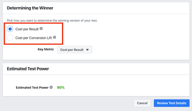 Facebooki katsete A / B testi võitja jaotise määramine