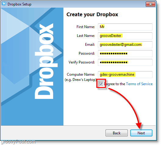 Dropboxi ekraanipilt - sisestage oma konto andmed