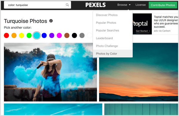 Pexels sortivad fotosid värvide järgi