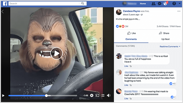 Candace Payne läks Facebookis otseülekandele Chewbacca maskiga Kohli parklast. Selle ekraanipildi tegemise ajal oli tema videol 3,4 miljonit jagamist ja 174 miljonit vaatamist.