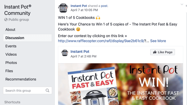 Kuidas kasutada Facebooki gruppide funktsioone, näide Instant Pot Community grupi lehe postitusest