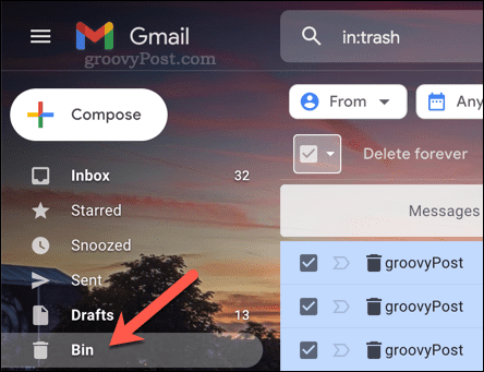 Gmailis kausta Prügikast (Bin) avamine