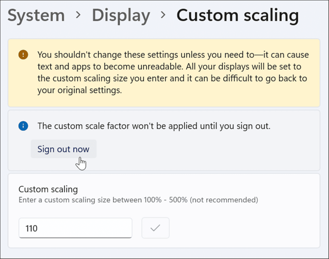 logige välja, kohandage ekraani skaala sätteid Windows 11-s