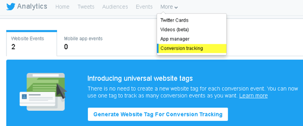 Twitter võimaldab teil konversioonide jälgimiseks ja kohandatud vaatajaskondade loomiseks oma veebisaidile koodi lisada.