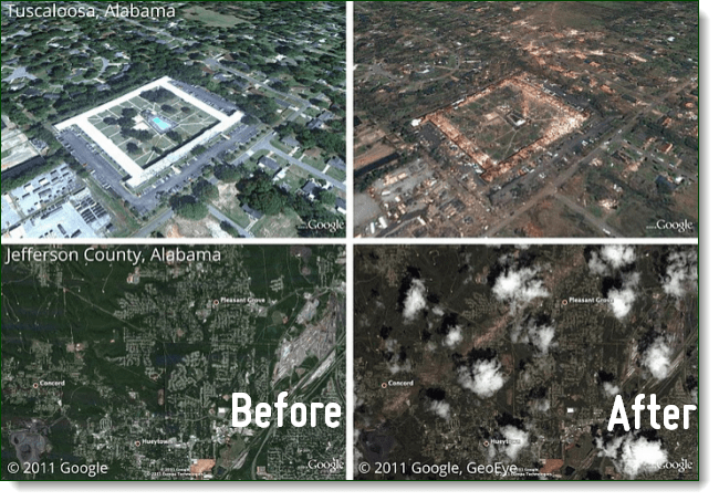 Vaadake Google Earth Picasa kaudu hiljutiste Alabama tornaadode mõjusid