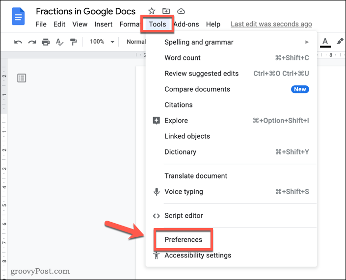 Google Docsi eelistuste menüü avamine