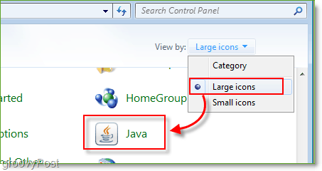 Ekraanipilt: Windows 7 juhtpaneel Käivitage Java