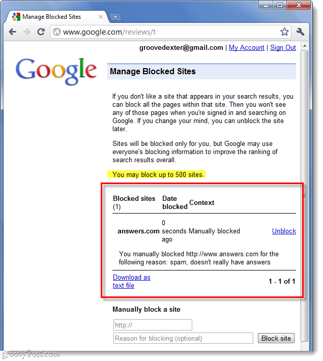 teie google'i blokeeritud veebisaitide loend
