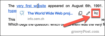 Google Docsis nupp Eemalda hüperlingid eemalda link