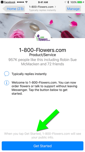 Kui saadate sõnumi saidile 1-800-Flowers.com oma Facebooki lehe kaudu, on kasutajatel lihtne klientideks saada.
