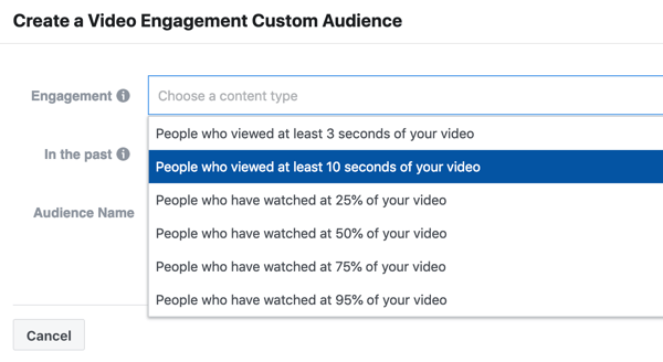 Kuidas otseülekannet Facebookis reklaamida, samm 9, looge videoseotuse kampaania inimestest, kes vaatasid teie videot vähemalt 10 sekundit