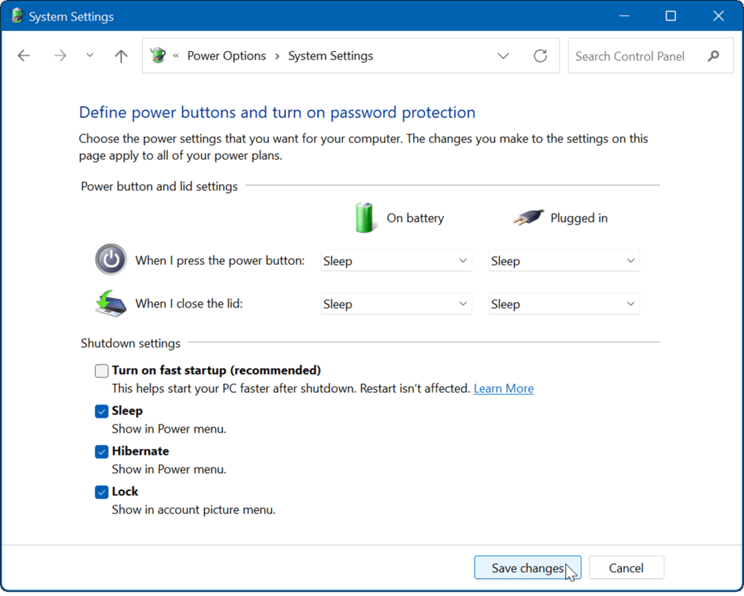 Lülitage Windows 11 kiire käivitamine välja