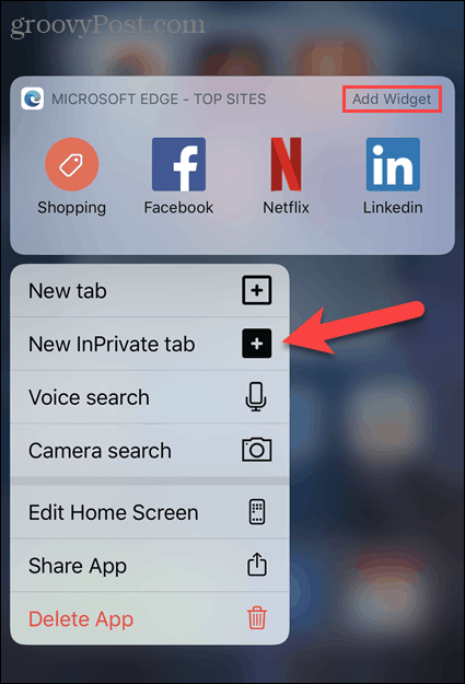 Valige iOS-is Edge'i ikoonilt Uus vahekaart InPrivate