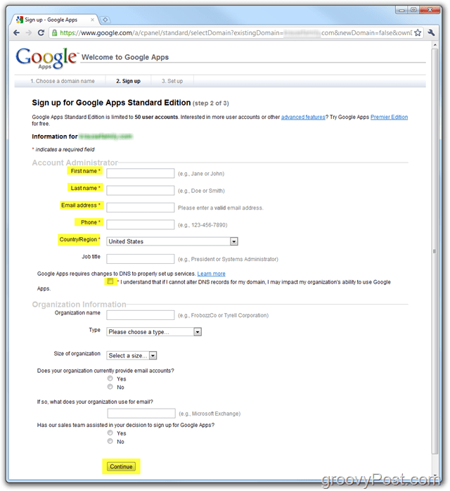 Google Appsi standardversiooni registreerumine Sisestage domeen