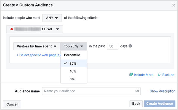 Dialoogiboksis Facebook kohandatud vaatajaskonna loomine on võimalused reklaamide sihtimiseks klientidele, kes veetsid teie veebisaidil kõige rohkem aega.