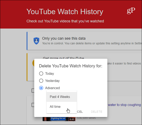 Kustutage YouTube'i vaatamise ajalugu