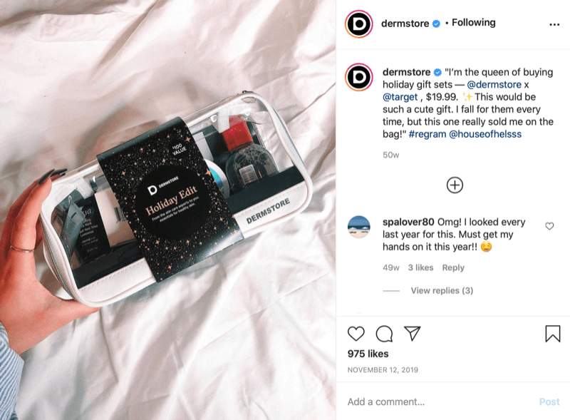 Hooajalise kingituse näide @dermstore on leitud ja jagatud Instagrami postituse kaudu, kus on märgitud müügihind ja märgistatud @target, kus müük toimub
