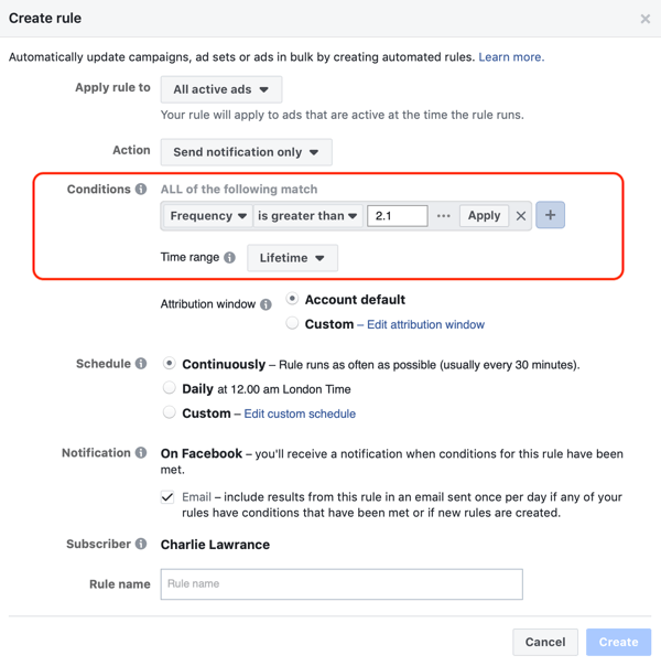 Kasutage Facebooki automatiseeritud reegleid, märguandeid, kui reklaami sagedus ületab 2,1, 2. samm, tingimuste seaded