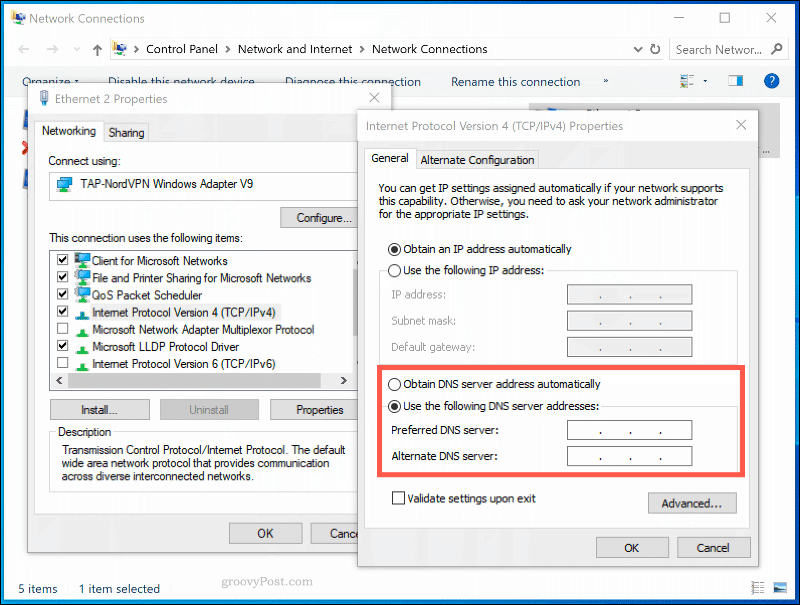 Windows 10 võrguühenduse DNS-sätete aken