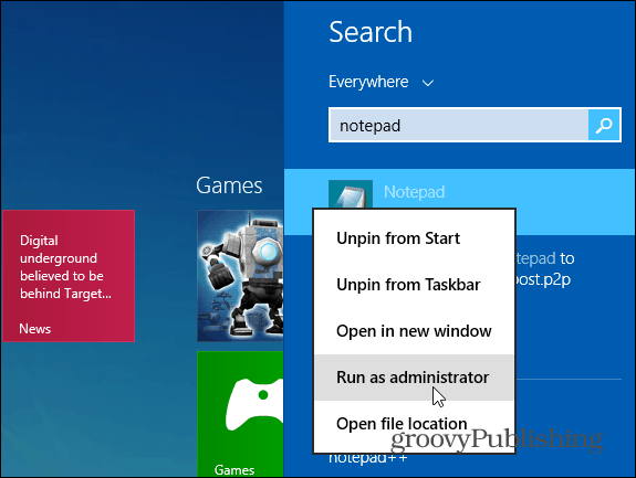Käivitage administraatorina Windows 8