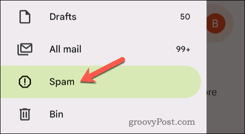 Avage mobiilirakenduses Gmaili rämpsposti kaust