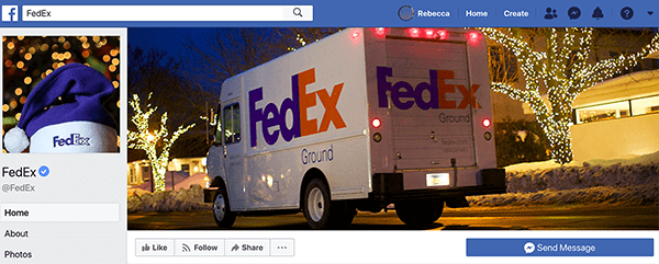 See on FedExi Facebooki lehe ekraanipilt. Pühade ajal on profiilipildiks lillakas jõuluvana müts, mille valgele ribale on trükitud FedEx. Kaanefoto on FedExi veok, mis sõidab mööda tuledega kaunistatud maju.