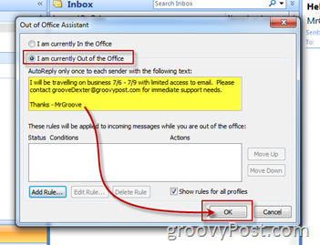Luba Microsoft Outlooki kontorivälise abimehe automaatse vastuse sisselülitamine