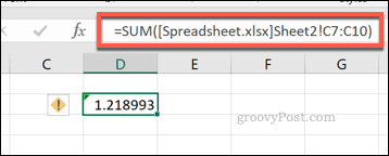 Exceli SUM-valem, kasutades lahtri vahemikku erinevast Exceli failist