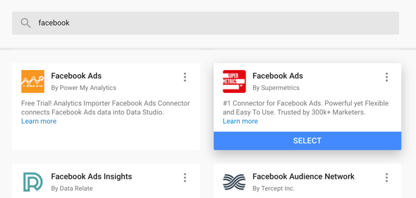 Kasutage oma Facebooki reklaamide analüüsimiseks teenust Google Data Studio, 4. samm, andmeallikana saate kasutada Supermetricsi Facebooki reklaamide pistikut