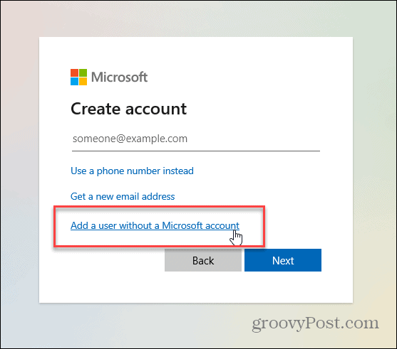 kasutaja ilma Microsofti kontota