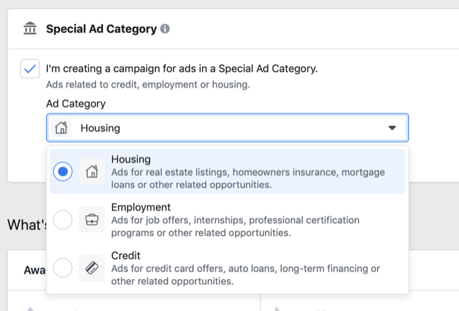Facebooki spetsiaalsed reklaamikategooria valikud rippmenüüs Reklaamikategooria