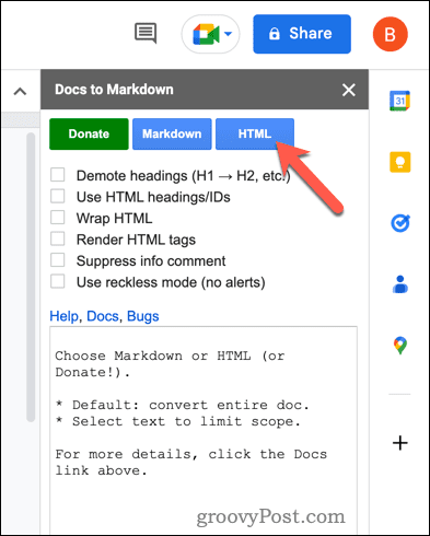 Teisendage HTML-i, kasutades Google Docsis Docsi Markdowni