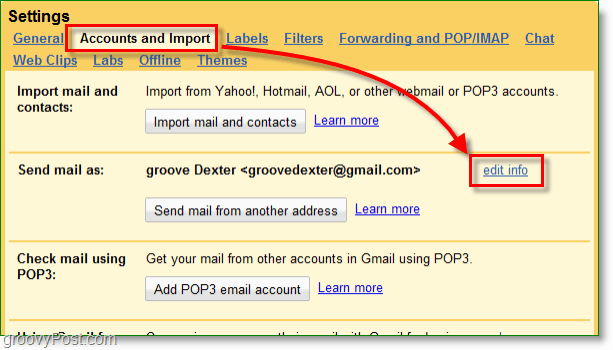 klõpsake oma google'i e-posti kontosid ja impordi nuppu ja muutke seejärel teavet