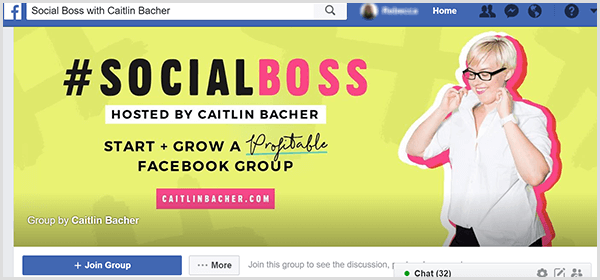 Caitlin Bacheri korraldatud Facebooki grupi kaanefoto Social Bossi jaoks on kollase taustaga, tekstil on roosad aktsendid ja foto Caitlinist, kes tõmbab särgikrae üles.