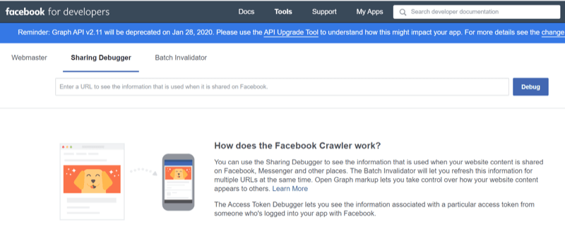 1. samm, kuidas kasutada tööriista Facebook Sharing Debugger