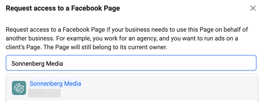 pilt Facebooki lehe ekraanile juurdepääsu taotlemisest Meta Business Manageris