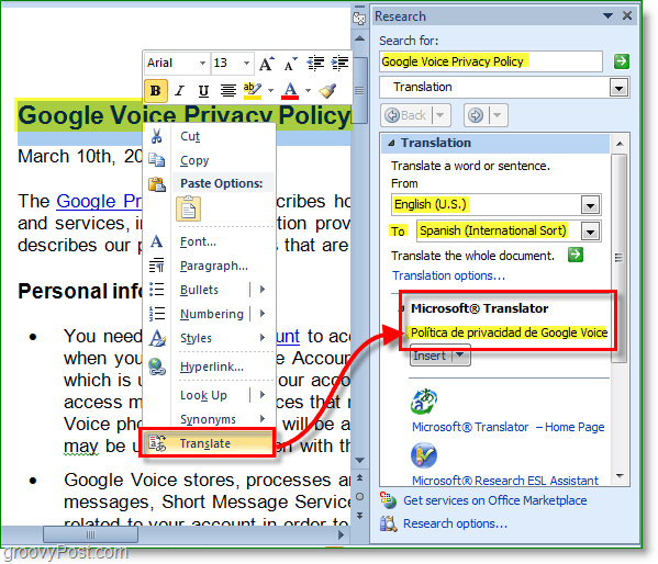 Office 2010 oskab tõlkida ka üksikuid sõnu ja lauseid