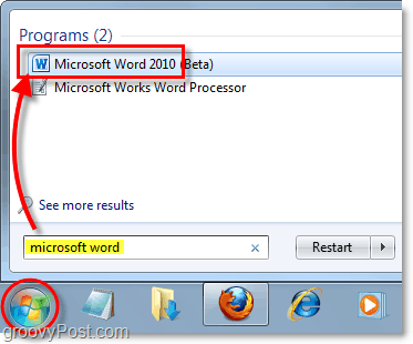 käivitage Microsoft Word 2010 Windows 7-s