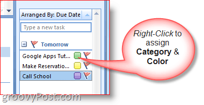 Outlook 2007 ülesanderiba - paremklõpsake ülesannet, et valida värvid ja kategooria
