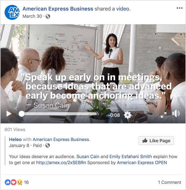 Selles American Expressi äri Facebooki reklaamis on tuntud juhtimis- ja juhtimisekspert Susan Cain, kes saavutas kuulsuse hiljutise TED Talkiga.