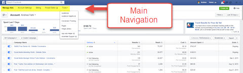 facebooki reklaamihalduri peamine navigeerimine