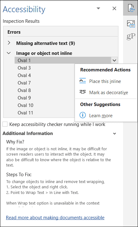 Microsoft Office'i juurdepääsetavuskontrolli objekti tulemused