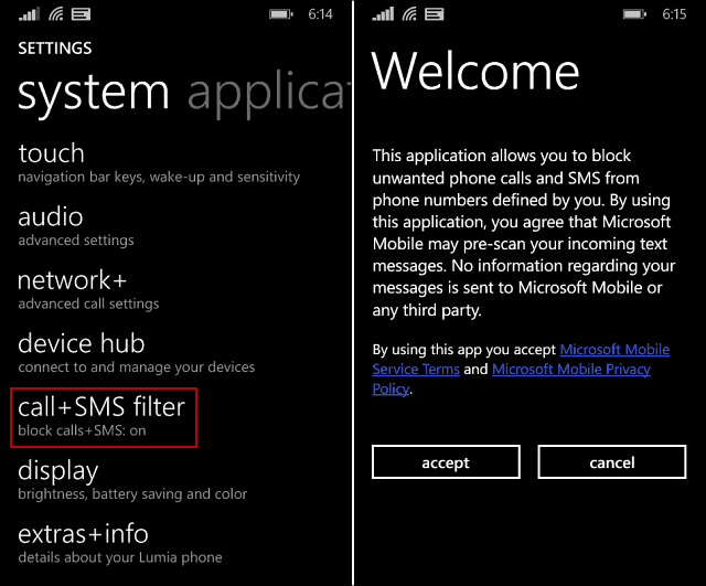 Soovimatute telefonikõnede ja SMS-ide blokeerimine Windows Phone 8.1-s