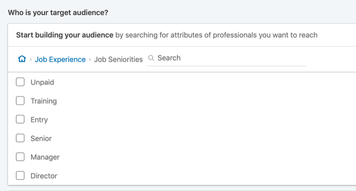 sihtige LinkedIni reklaame töökoha vanuse järgi