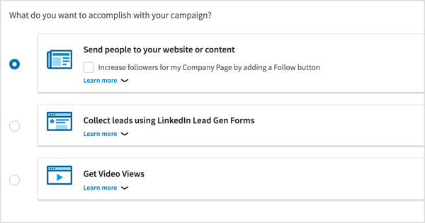 Valige oma LinkedIini videoreklaamide kampaania eesmärk.
