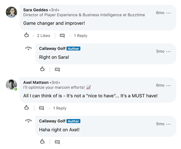 LinkedIn'i liikme kommentaarid Callaway Golfi postituse kohta