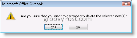 Outlooki kinnituskast e-posti üksuse lõplikuks kustutamiseks 