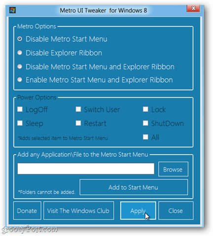 käivitage Windows 8 jaoks metro ui tweaker