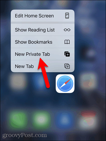 Vajutage pikalt Safari ikooni ja koputage valikut New Private Tab